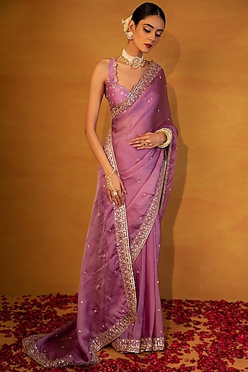 Lavender Organza Silk Satin Gota Patti Embellished Wedding Saree Set by Esha Koul at Pernia's Pop Up Shop