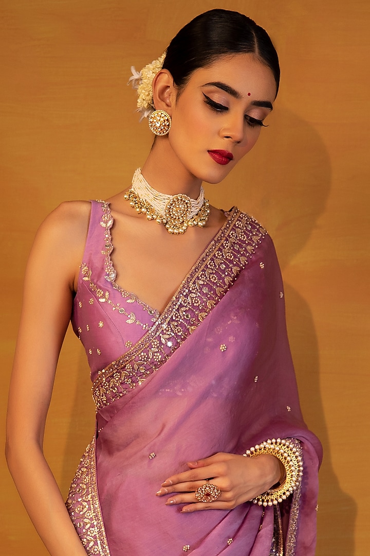 Lavender Organza Silk Satin Gota Patti Embellished Wedding Saree Set by Esha Koul at Pernia's Pop Up Shop