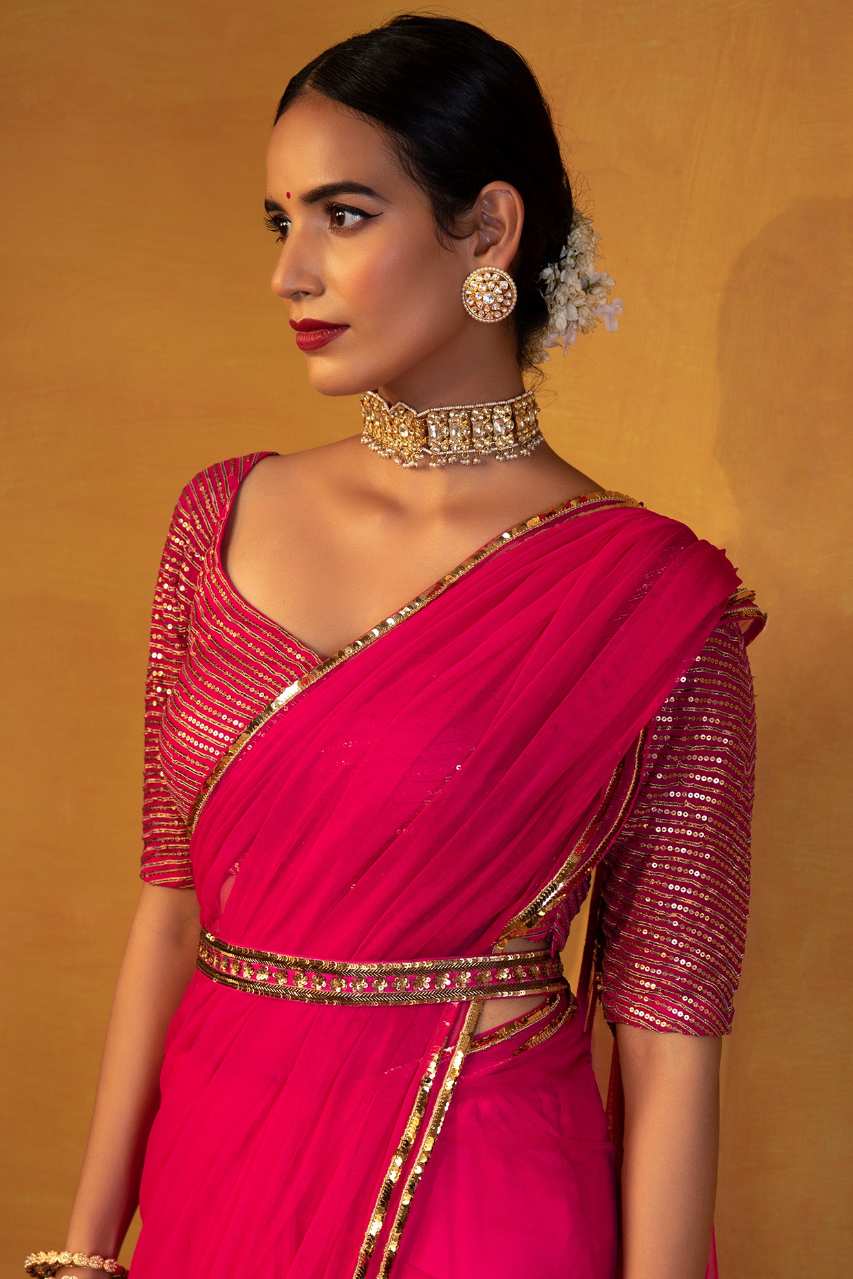 Pink Georgette Embellished Saree With Unstitched Blouse - Cl