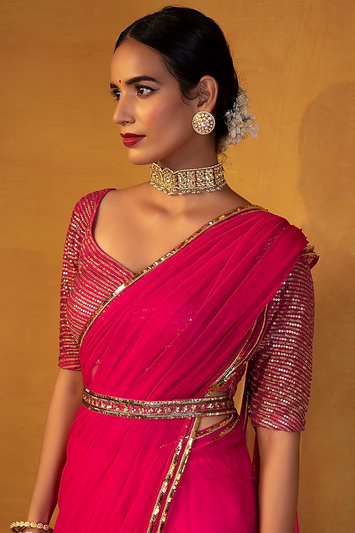 Hot Pink Net Sequin Embellished Wedding Saree Set by Esha Koul at Pernia's Pop Up Shop