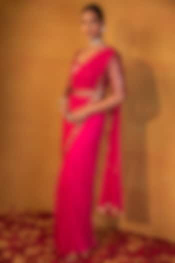 Hot Pink Net Sequin Embellished Wedding Saree Set by Esha Koul at Pernia's Pop Up Shop