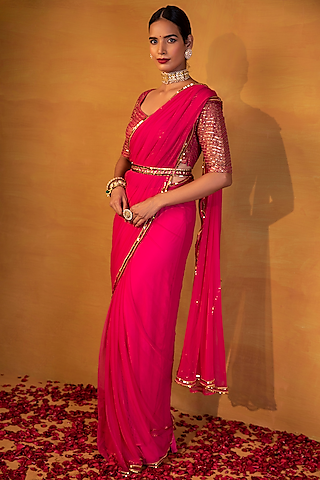 Hot Pink Net Sequin Embellished Saree Set by Esha Koul