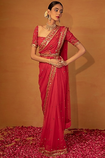 Red Sequins Embellished Wedding Saree Set by Esha Koul at Pernia's Pop Up Shop