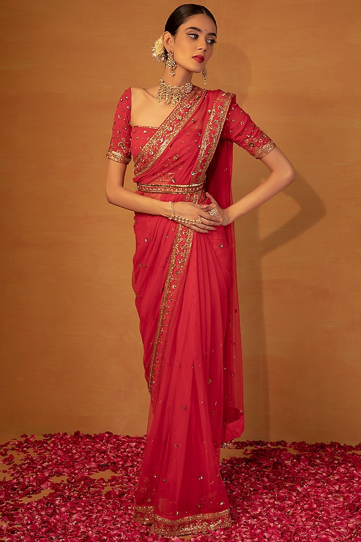 Red Sequins Embellished Saree Set by Esha Koul