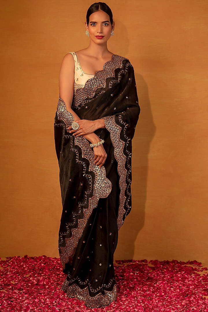 Black Nakshi & Sequins Embellished Saree Set by Esha Koul