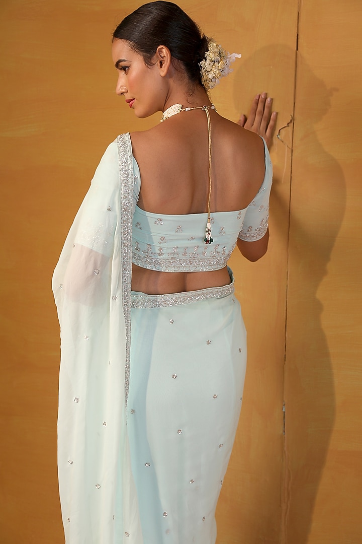 Aqua Blue Georgette Sequins Embellished Wedding Saree Set by Esha Koul at Pernia's Pop Up Shop