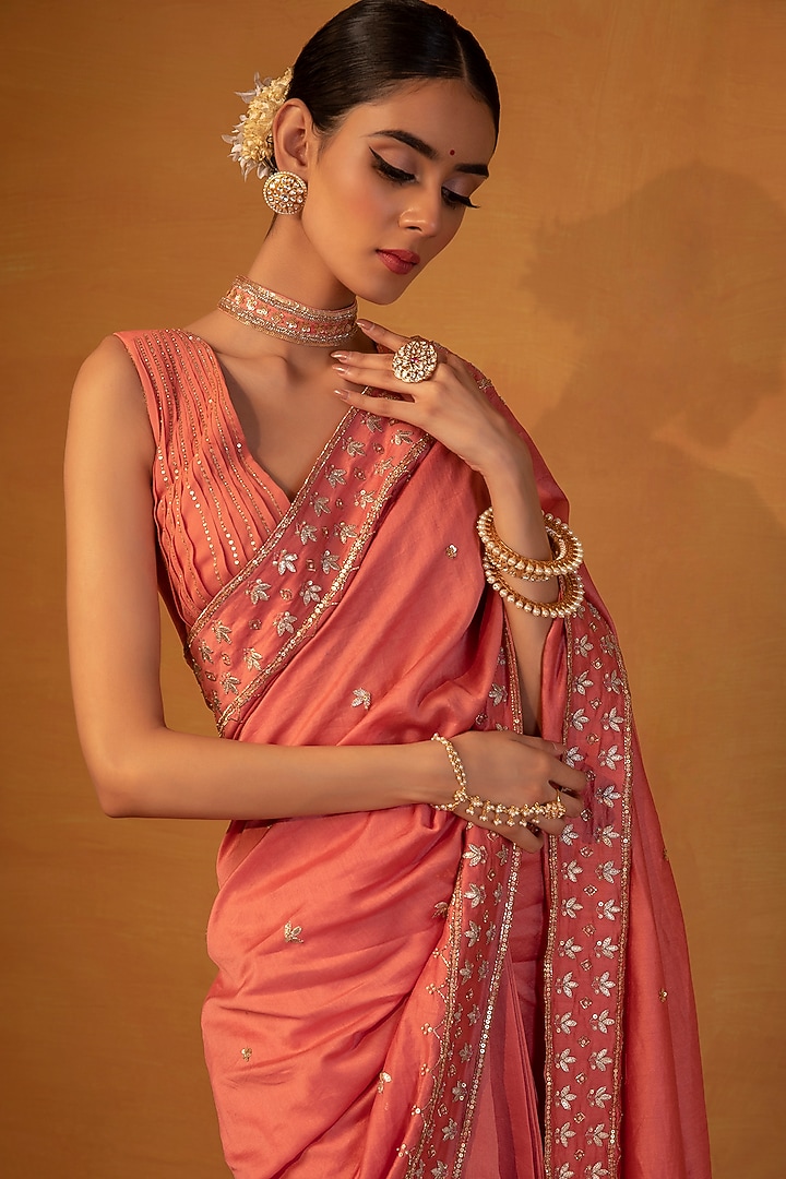 Peach Chanderi Sequins Embellished Wedding Saree Set by Esha Koul at Pernia's Pop Up Shop