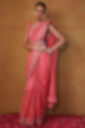 Peach Chanderi Sequins Embellished Saree Set by Esha Koul