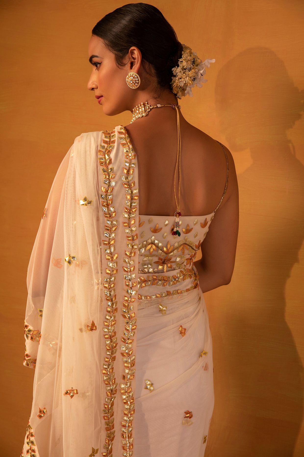 Ivory White Classic Saree with Sequin Blouse & Silver Details - Seasons  India