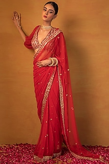 Orange Gota Embellished Saree Set by Esha Koul-VOLUMINOUS SLEEVES
