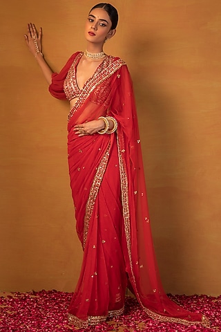 Orange Gota Embellished Saree Set by Esha Koul