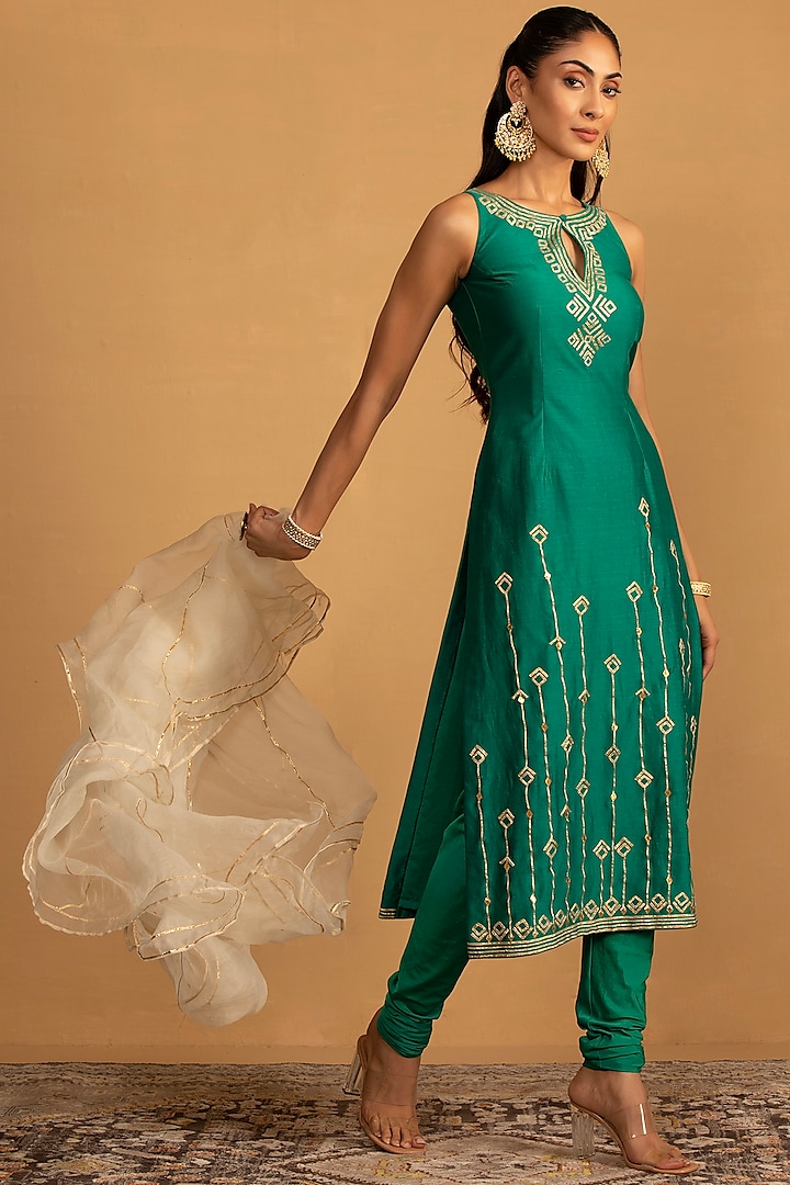 Green Chanderi Gota Work Kurta Set by Esha Koul