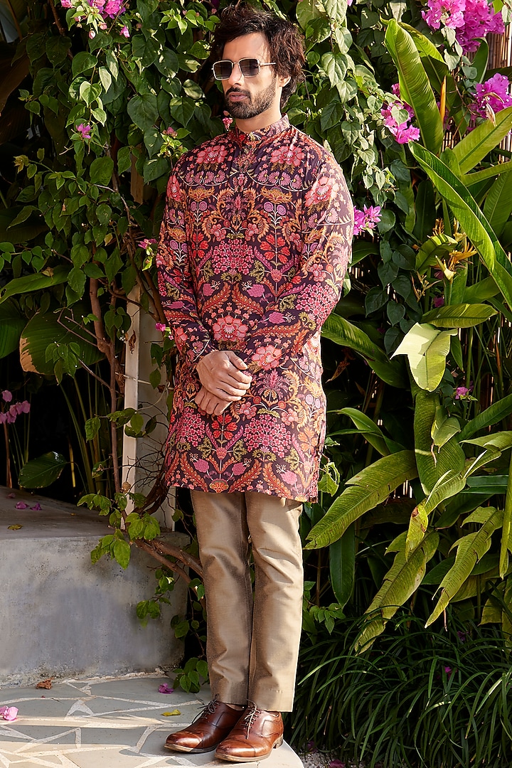 Wine Muslin Silk Paisley Printed Kurta Set by SURBHI PANSARI