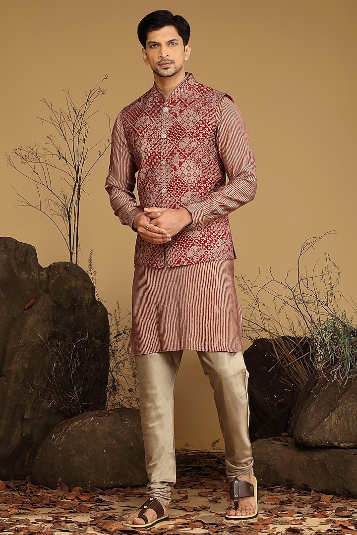 Maroon Silk Bundi Jacket Set by KORA BY NILESH MITESH