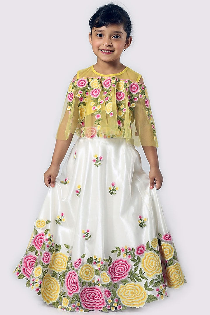 Yellow & Ivory Embroidered Lehenga Set For Girls by Neha Gursahani Kids