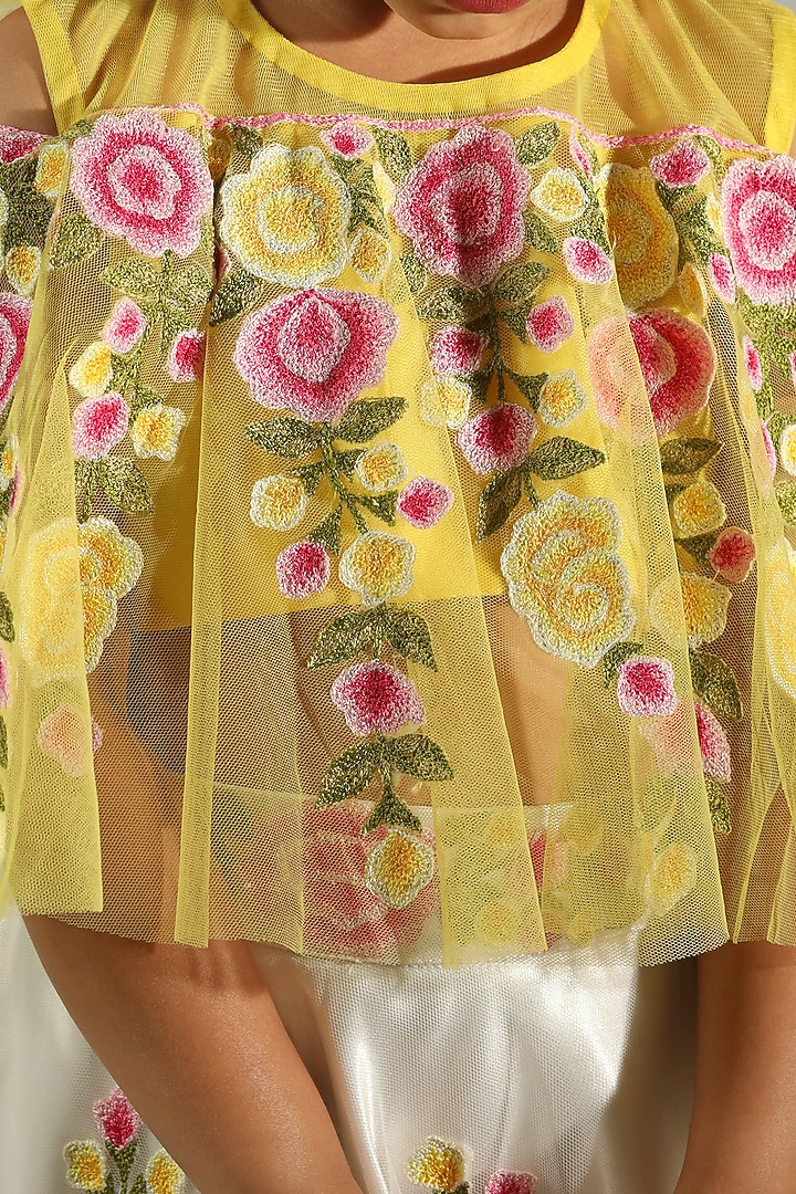 Yellow & Ivory Embroidered Lehenga Set For Girls by Neha Gursahani Kids at Pernia's Pop Up Shop