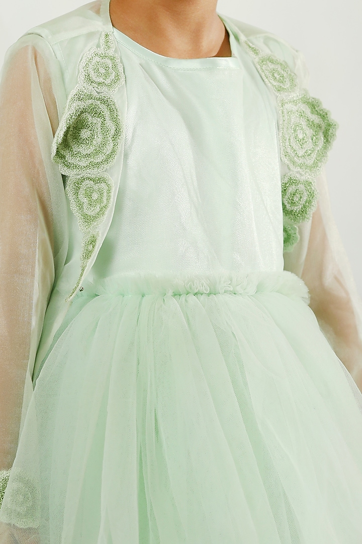 Sea Green Embroidered Jacket Set For Girls by Neha Gursahani Kids at Pernia's Pop Up Shop