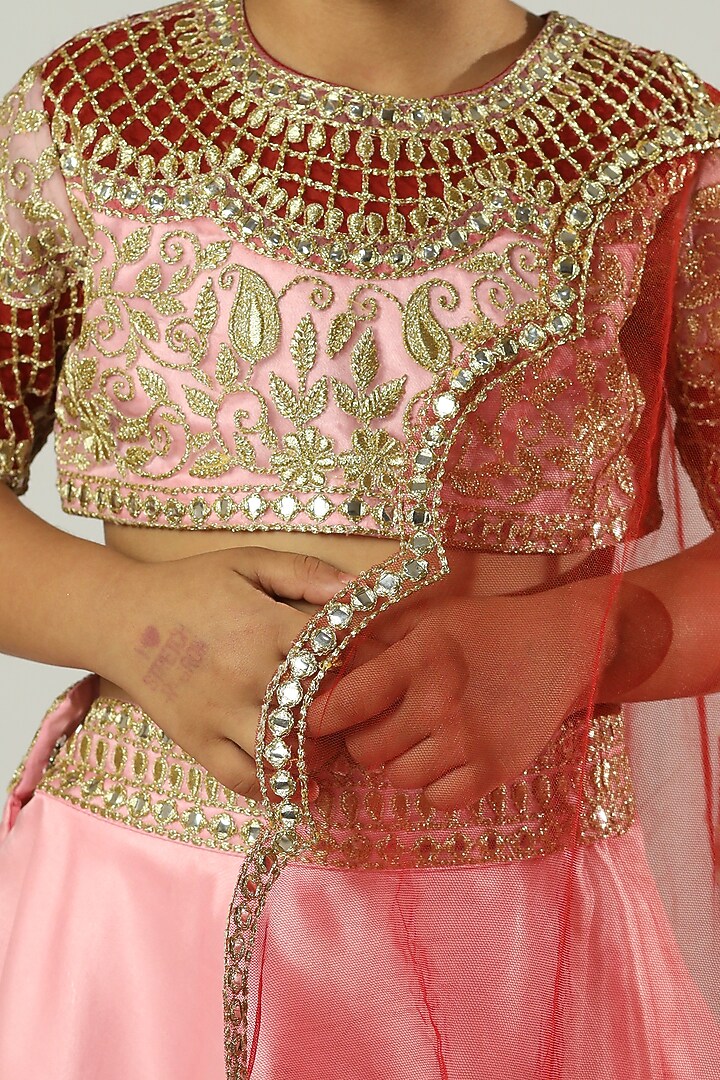 Pink & Red Embroidered Lehenga Set For Girls by Neha Gursahani Kids at Pernia's Pop Up Shop