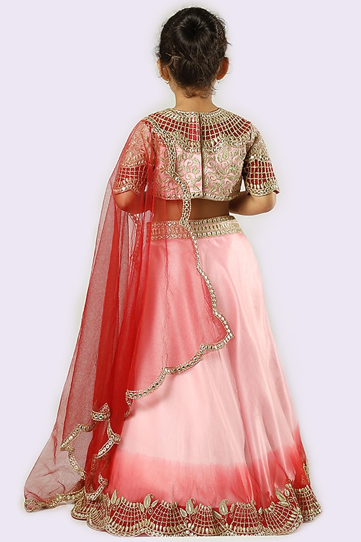 Pink & Red Embroidered Lehenga Set For Girls by Neha Gursahani Kids at Pernia's Pop Up Shop
