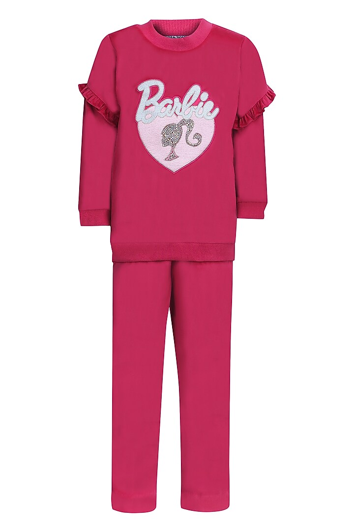 Hot Pink Velvet Embroidered Co-Ord Set For Girls by Pooja Wang at Pernia's Pop Up Shop