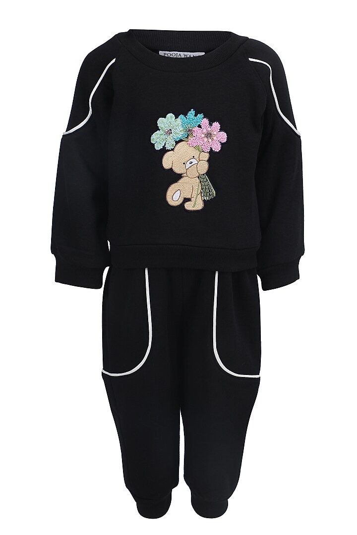 Black Fleece Embroidered Co-Ord Set For Girls by Pooja Wang at Pernia's Pop Up Shop