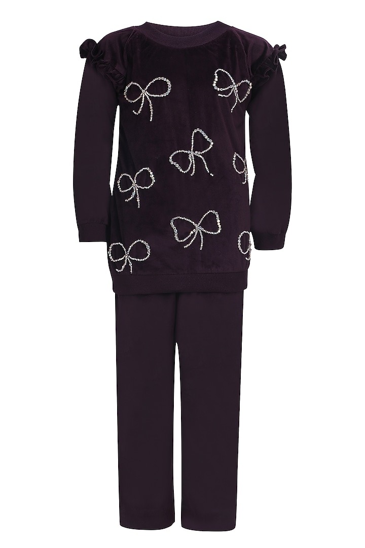 Wine Velvet Hand Embroidered Co-Ord Set For Girls by Pooja Wang at Pernia's Pop Up Shop