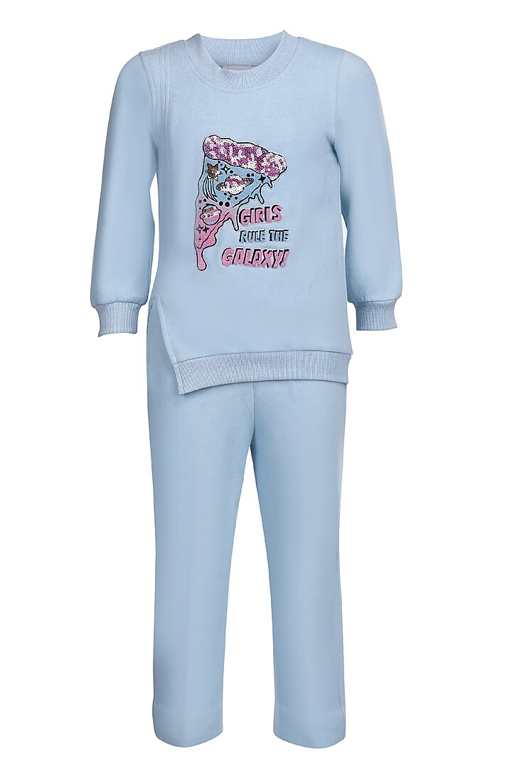 Ice Blue Fleece Embroidered Co-Ord Set For Girls by Pooja Wang at Pernia's Pop Up Shop