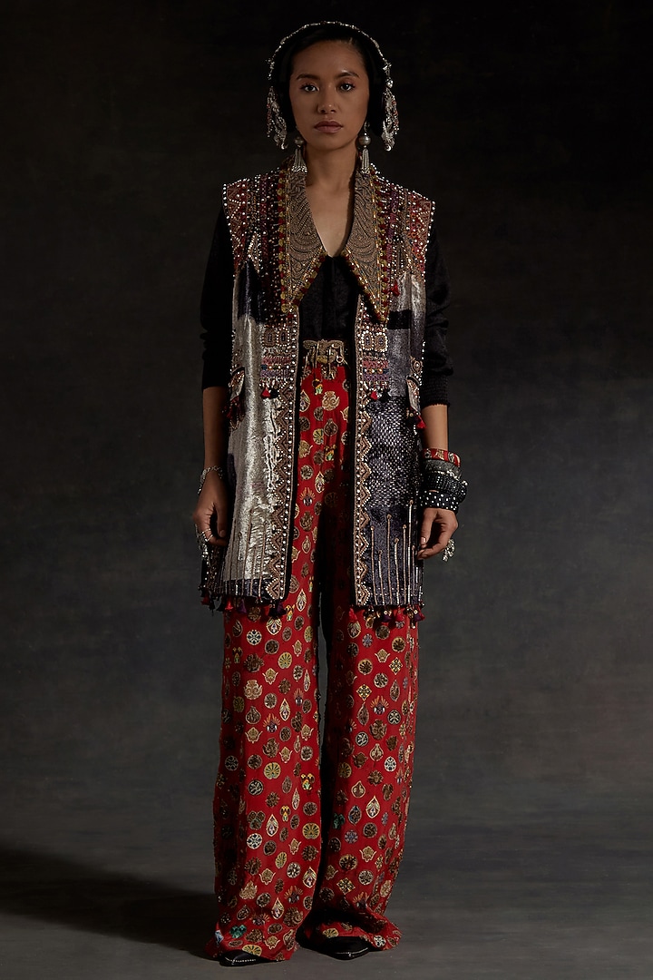 Multi-Colored Velvet Printed & Embroidered Jacket Set by ASEEM KAPOOR at Pernia's Pop Up Shop