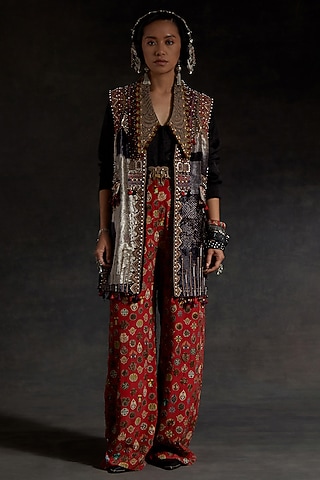 Multi-Colored Velvet Printed & Embroidered Jacket Set by ASEEM KAPOOR