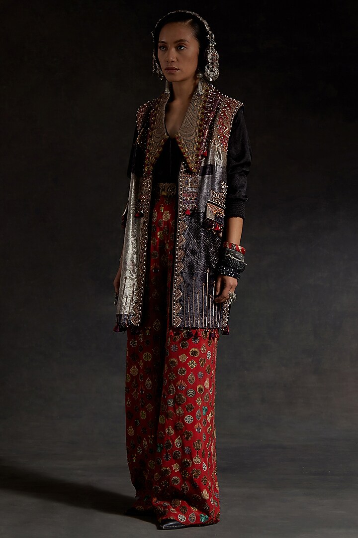 Multi-Colored Velvet Printed & Embroidered Jacket Set by ASEEM KAPOOR at Pernia's Pop Up Shop