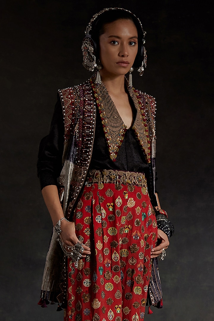 Multi-Colored Velvet Printed & Embroidered Jacket Set by ASEEM KAPOOR at Pernia's Pop Up Shop