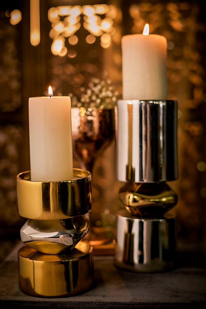Chrome & Gold Stainless Steel Candle Stand by Elysian Home