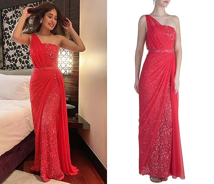 Red One Shoulder Lace Gown by Neeta Lulla at Pernia's Pop Up Shop