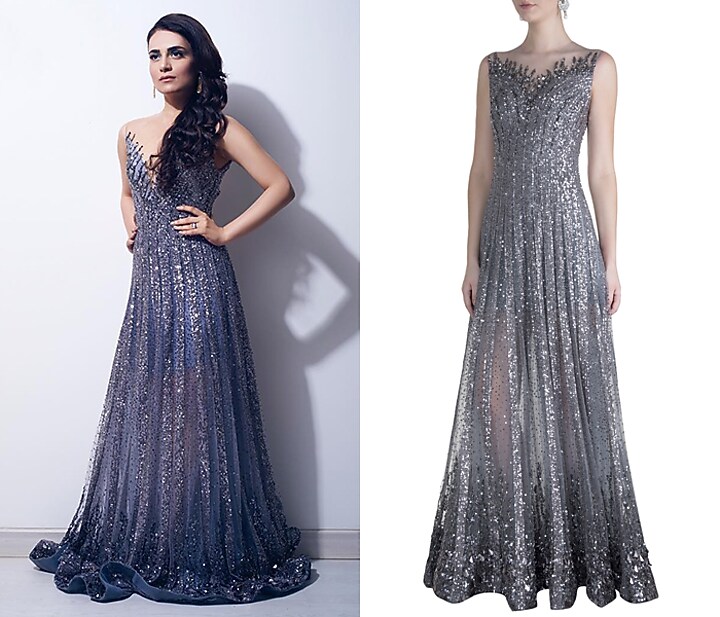 Grey Sequins Embroidered Sheer Gown by Neeta Lulla at Pernia's Pop Up Shop