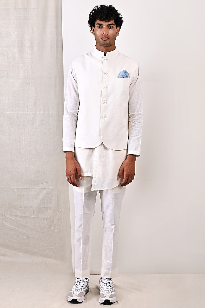 Off-White Linen Nehru Jacket Set by Bohame Men