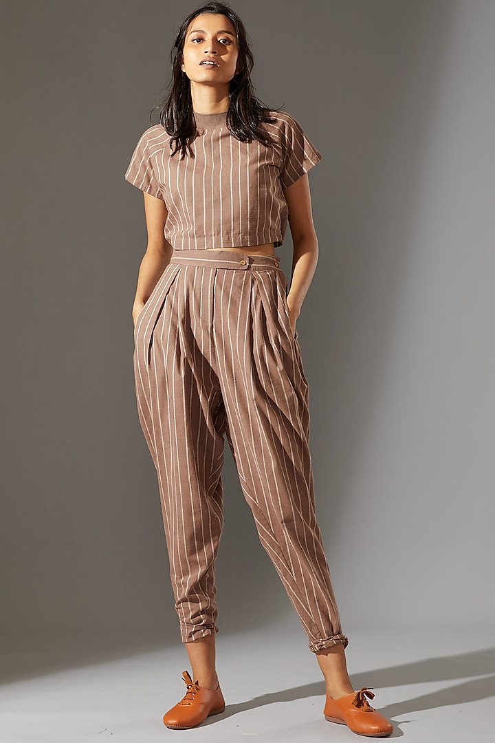 Beige Ribbed Pant Set by Mati