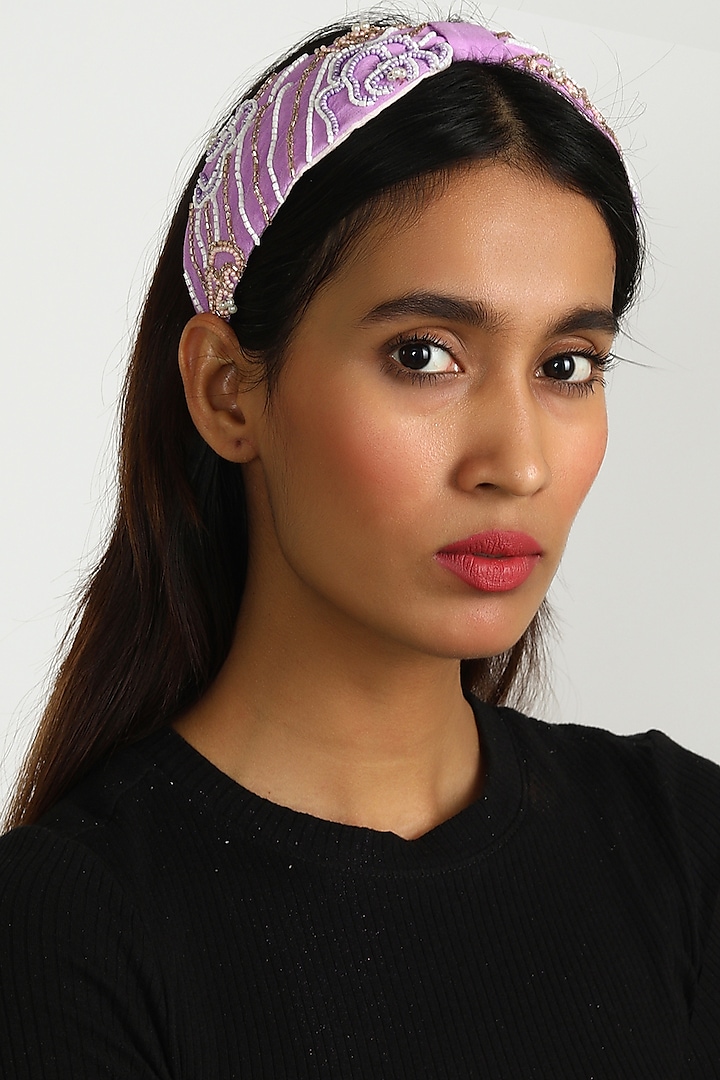 Purple Abstract Embroidered Headband by Diya Aswani x Babita Malkani