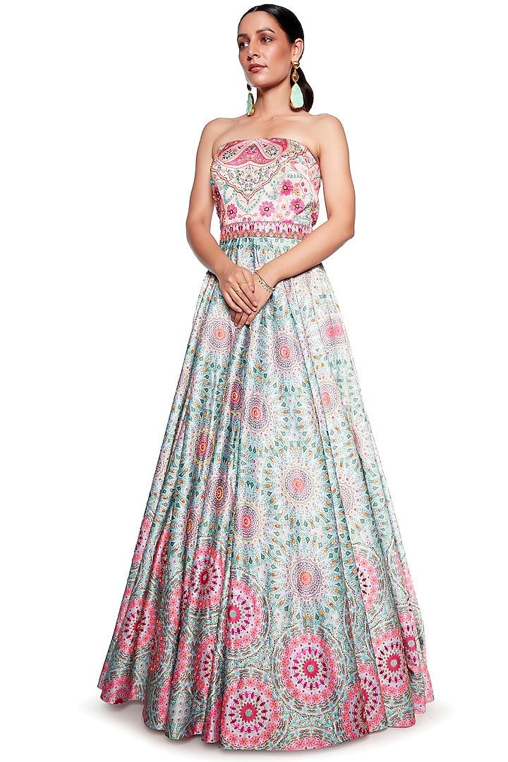Pink & Green Embroidered Gown by SIDDHARTHA BANSAL