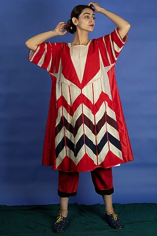 Bright Red Appliques Dress With Pants by Ka-Sha