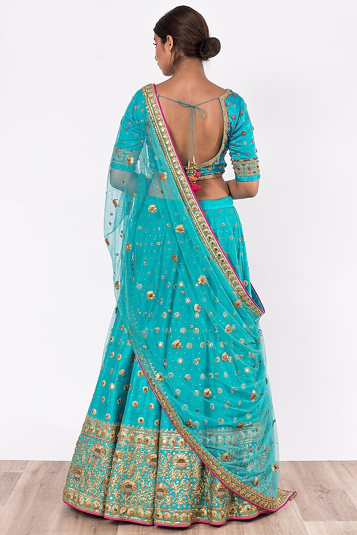 Turquoise Hand Embroidered Bridal Lehenga Set by SWATI UBROI at Pernia's Pop Up Shop