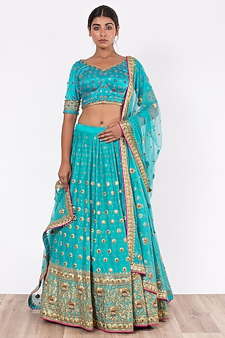 Turquoise Hand Embroidered Lehenga Set by SWATI UBROI