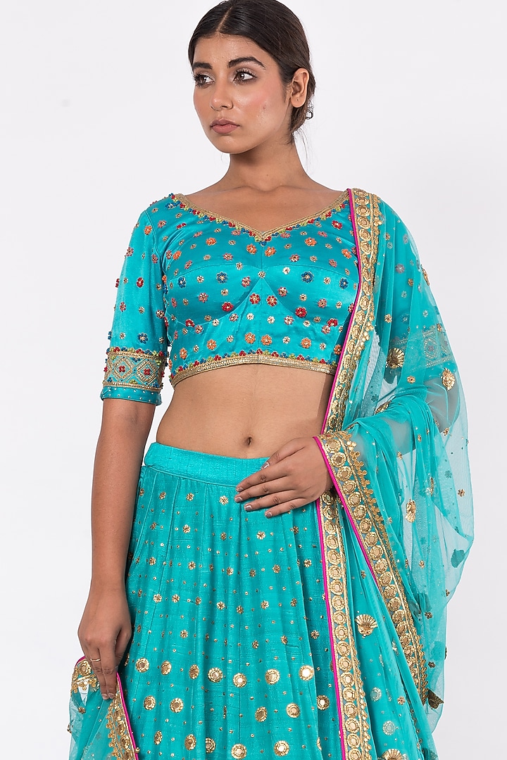 Turquoise Hand Embroidered Bridal Lehenga Set by SWATI UBROI at Pernia's Pop Up Shop