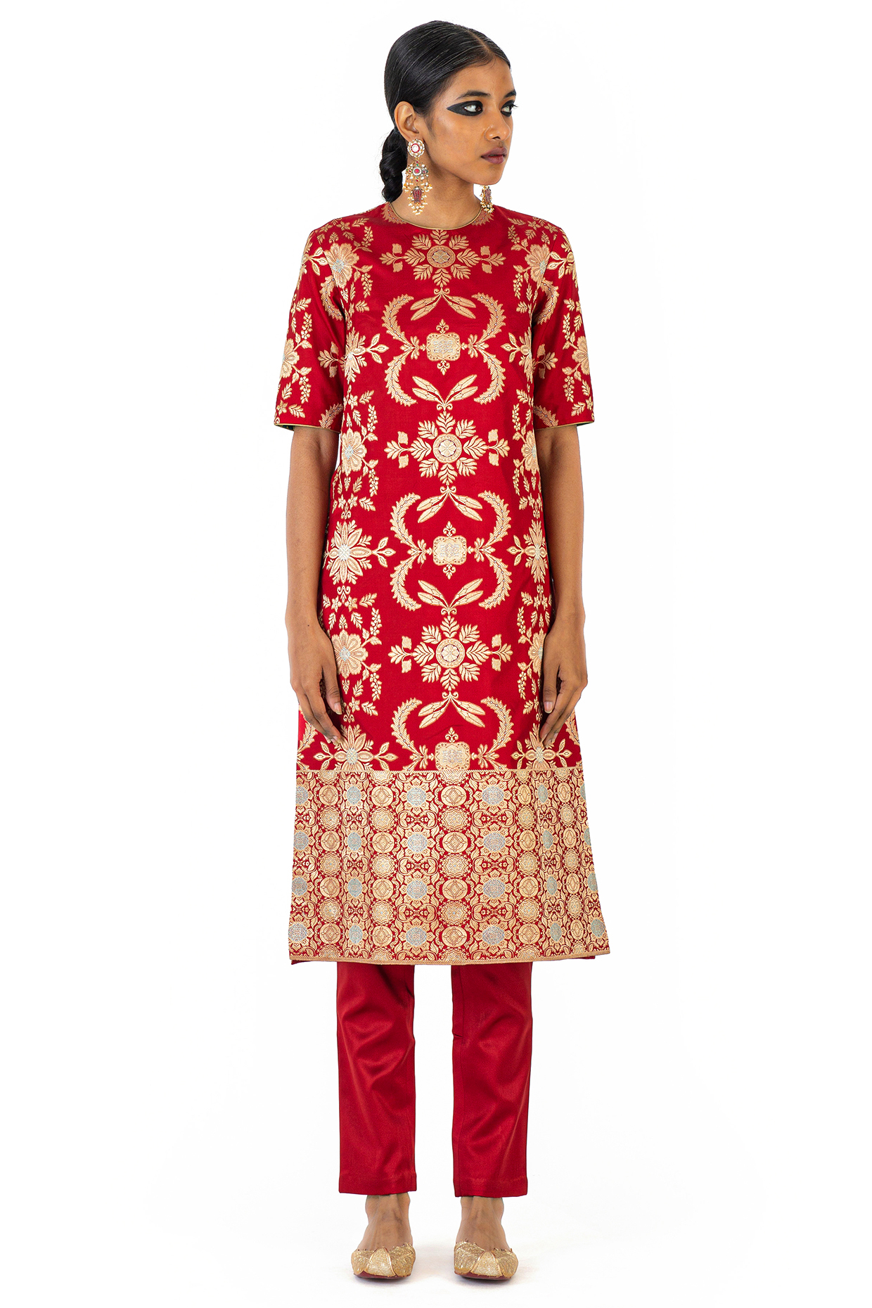 Red Silk Brocade Kurta Set by Raw Mango at Pernia's Pop Up Shop