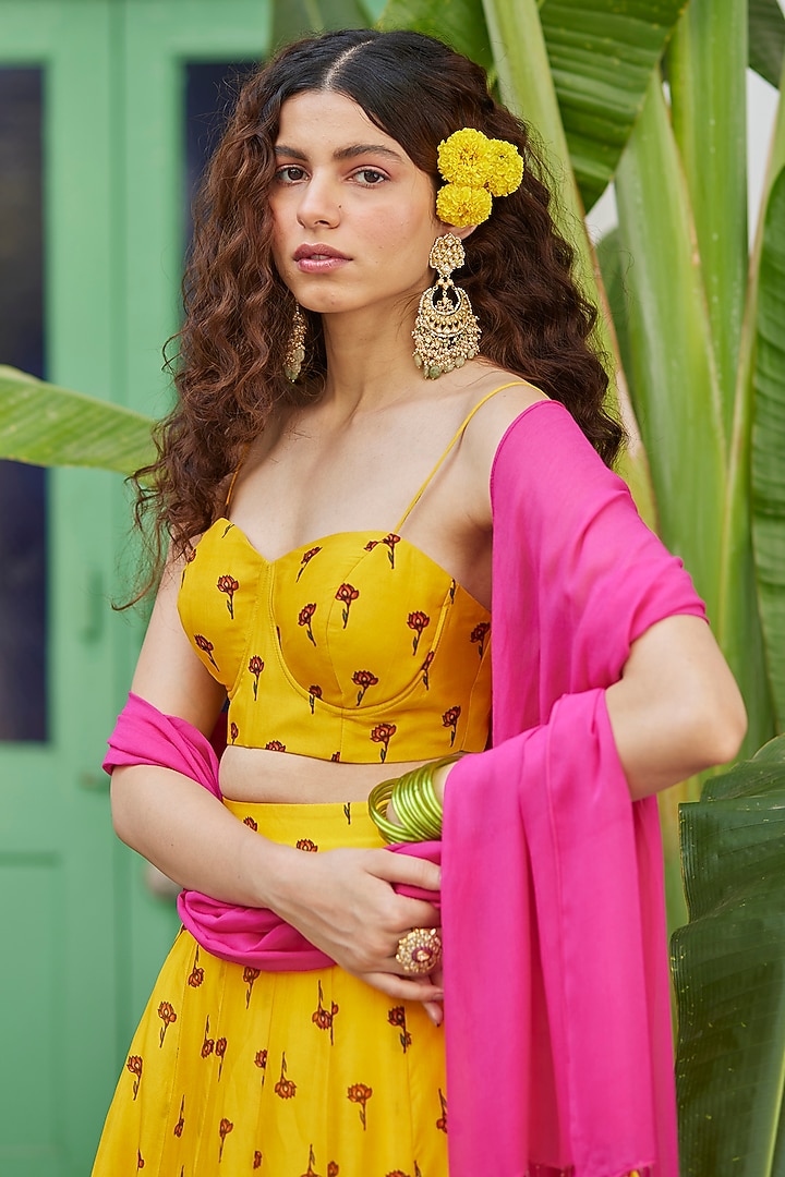 Yellow Organza Lotus Printed Wedding Lehenga Set by DHRUVI PANCHAL at Pernia's Pop Up Shop