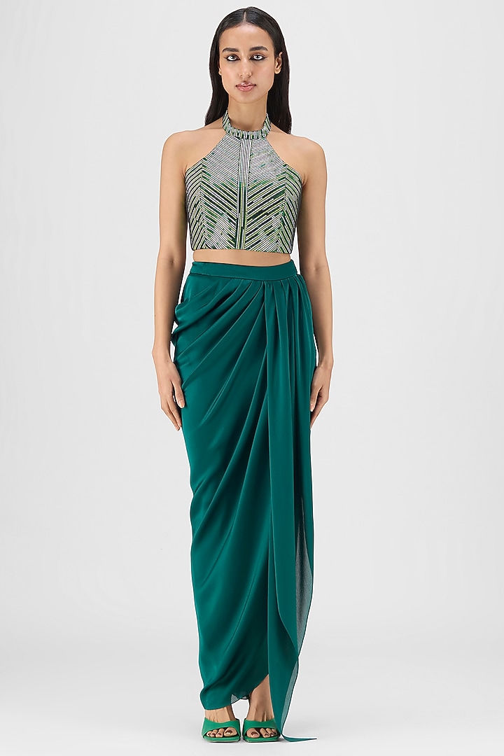 Emerald Metallic Polymer & Crepe Chiffon Skirt Set by Amit Aggarwal at Pernia's Pop Up Shop