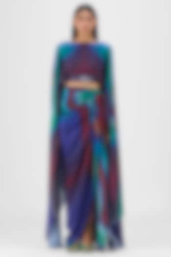 Green & Teal Crepe Chiffon Skirt Set by Amit Aggarwal at Pernia's Pop Up Shop
