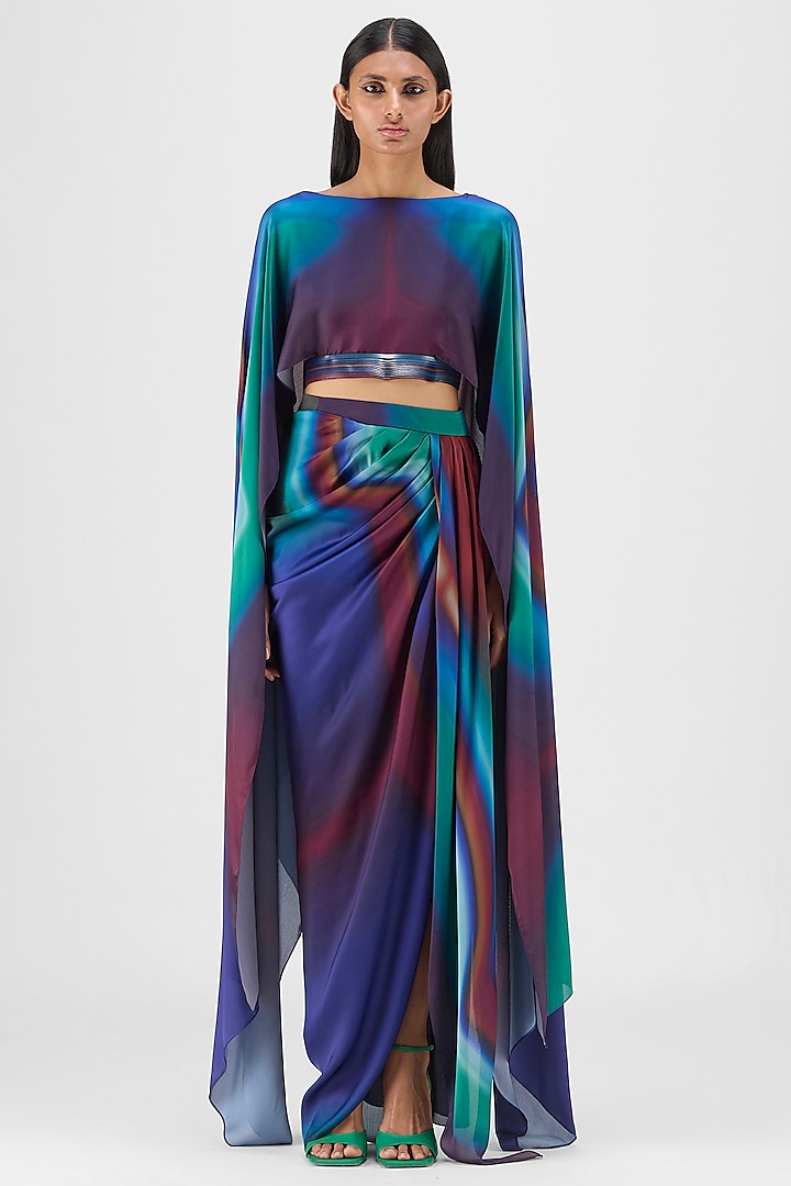 Green & Teal Crepe Chiffon Skirt Set by Amit Aggarwal at Pernia's Pop Up Shop
