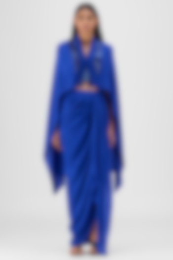 Blue Metallic Polymer & Chiffon Skirt Set by Amit Aggarwal at Pernia's Pop Up Shop