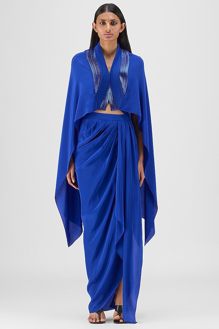 Blue Metallic Polymer & Chiffon Skirt Set by Amit Aggarwal at Pernia's Pop Up Shop