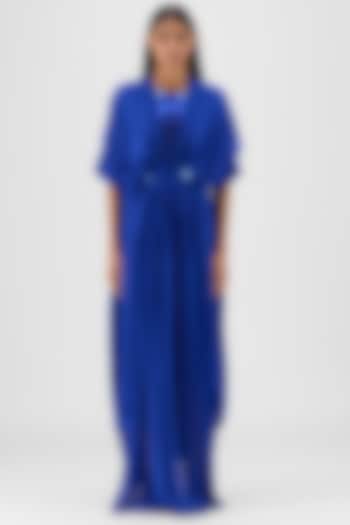 Royal Blue Crepe Chiffon & Metallic Polymer Maxi Cocktail Dress by Amit Aggarwal at Pernia's Pop Up Shop